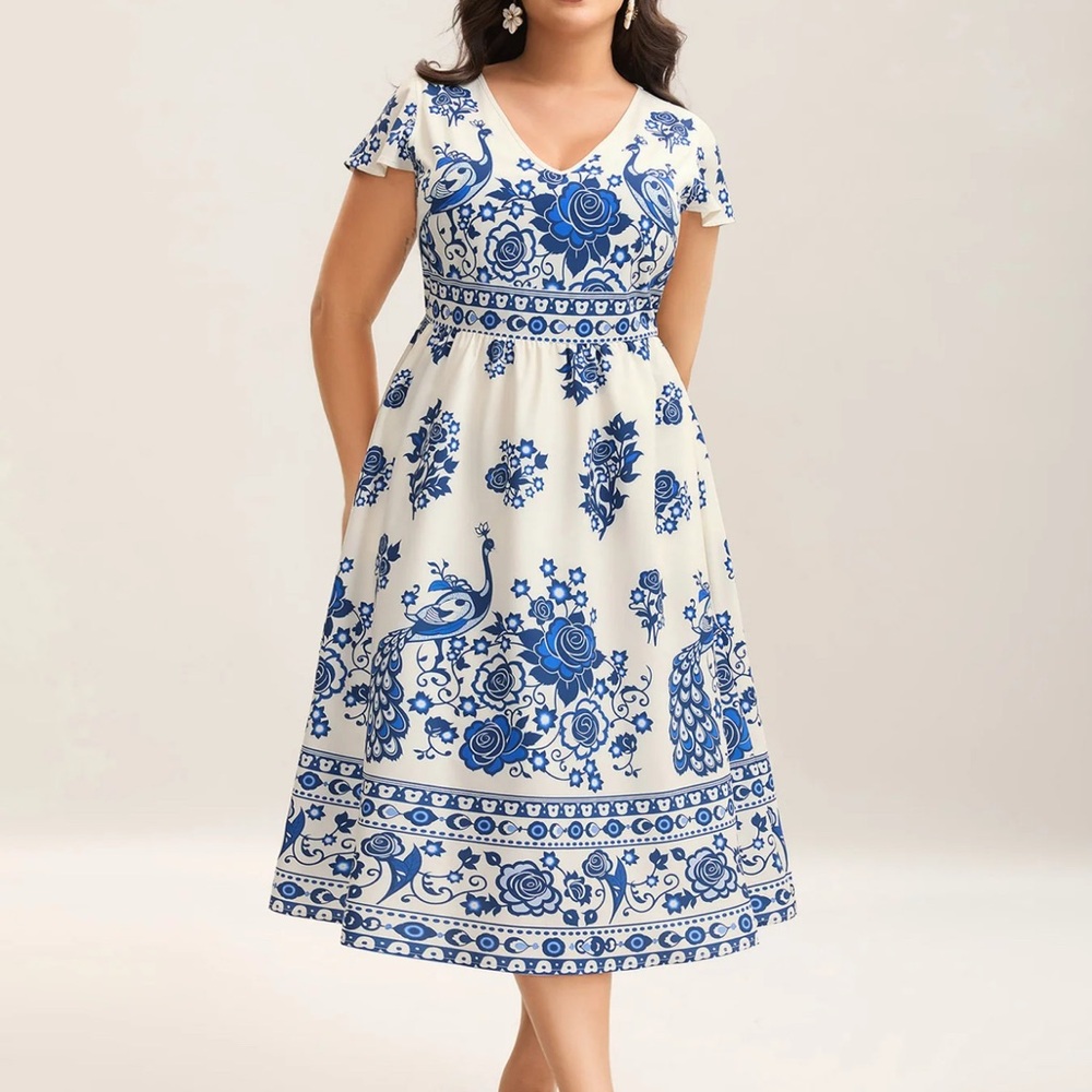 BloomChic Blue and White V-Neck Flutter Sleeve Sundress